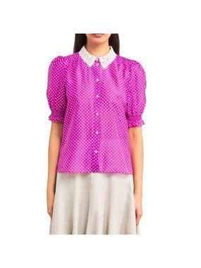 ME+EM Purple Little Crosses Lace Collar Button Short Sleeve Shirt Womens Size 0